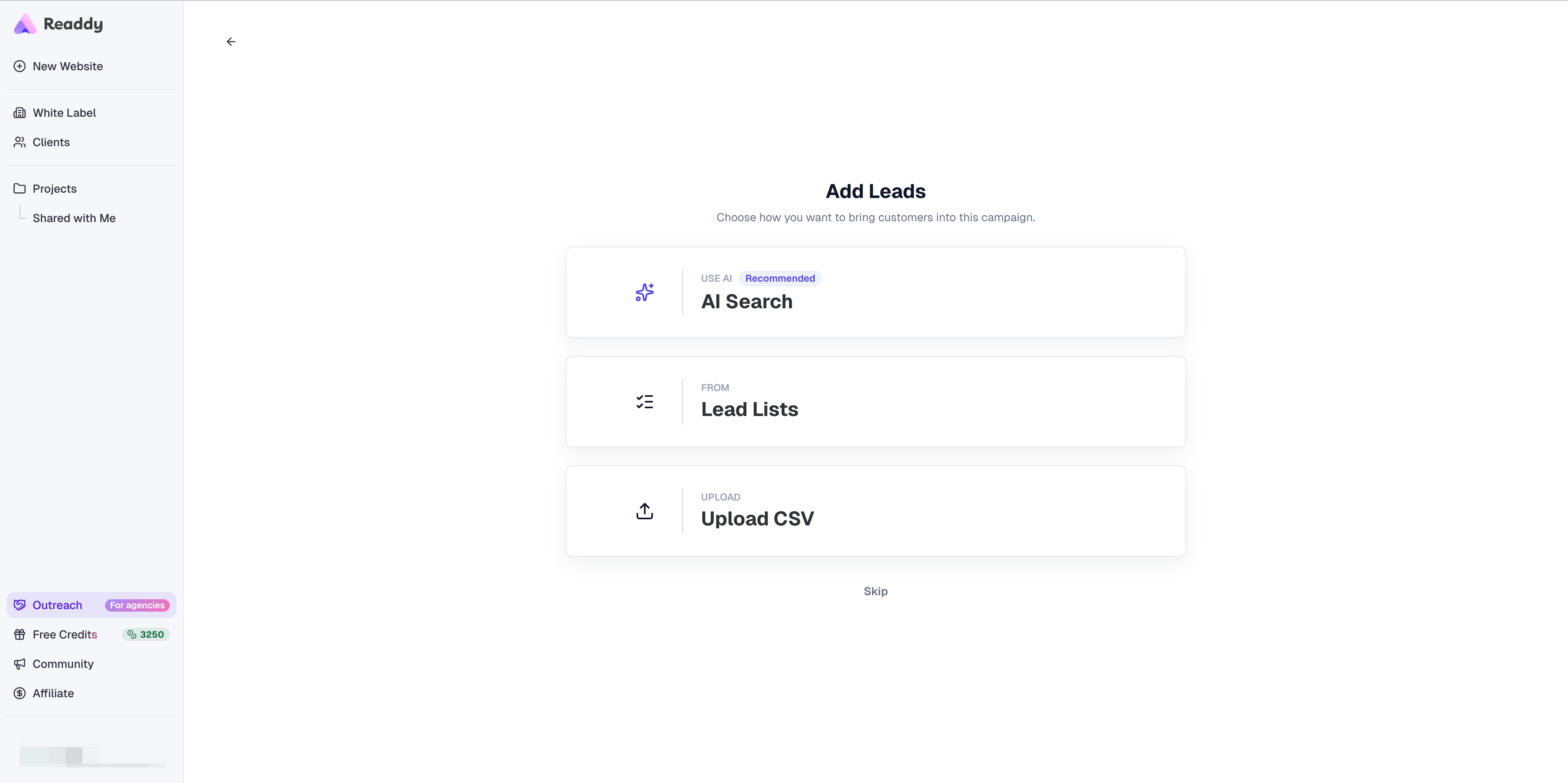 Add Leads page with AI Search, Lead Lists, and Upload CSV options
