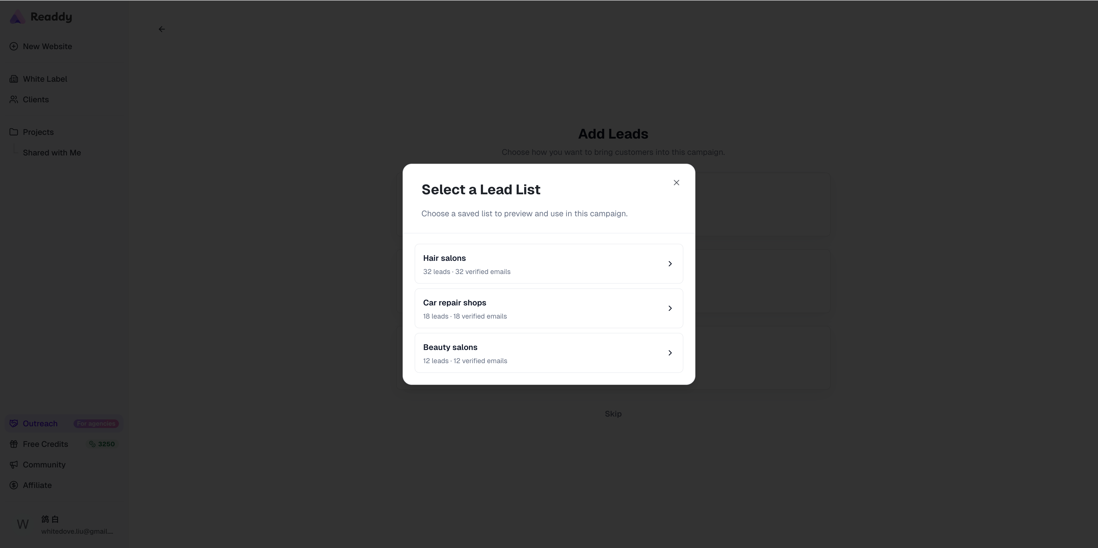 Select a Lead List dialog with saved lead lists