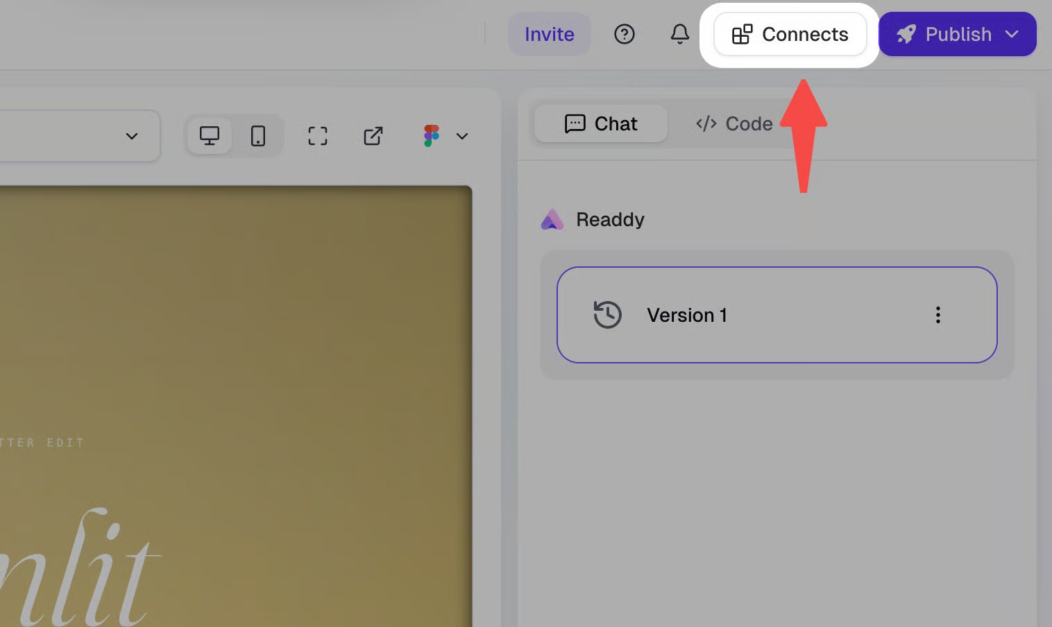 Connects button at the top of the Readdy editor