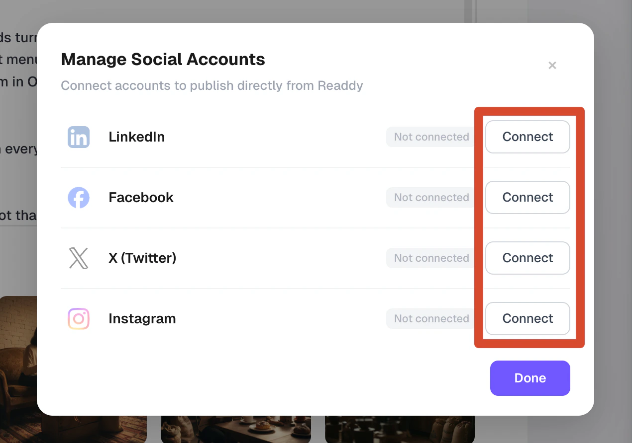 Manage Social Accounts dialog with Connect buttons