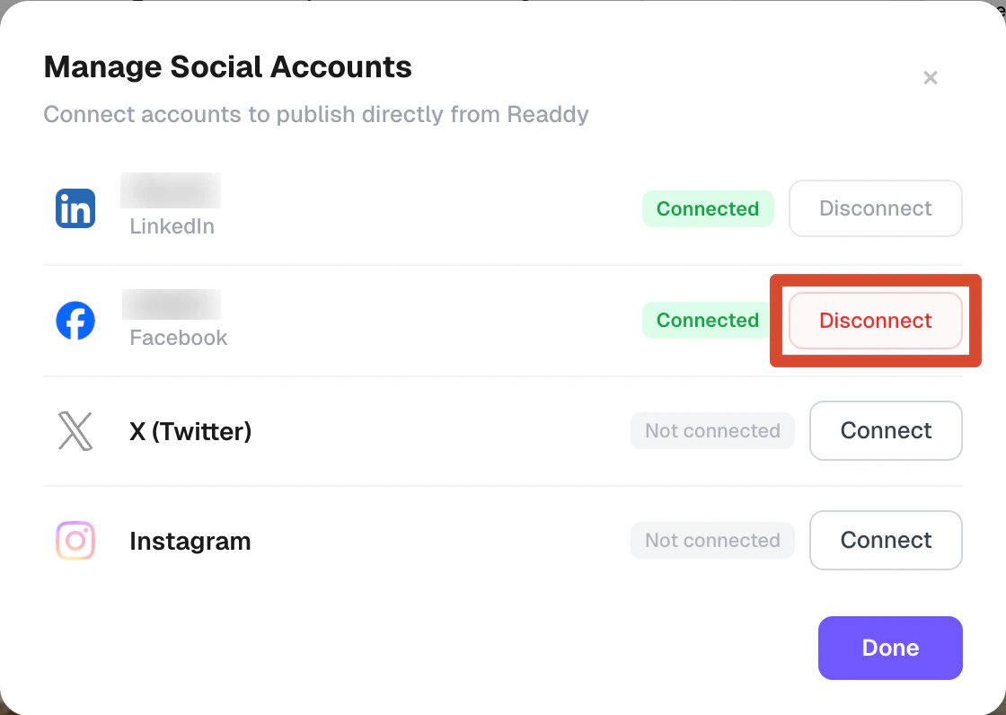 Disconnect button next to a connected account