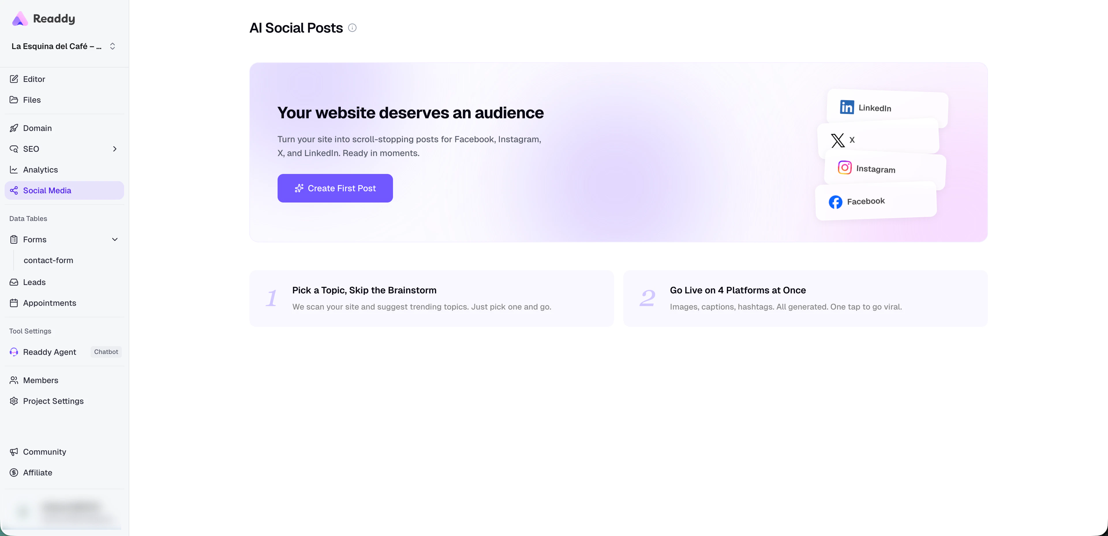 AI Social Posts home screen