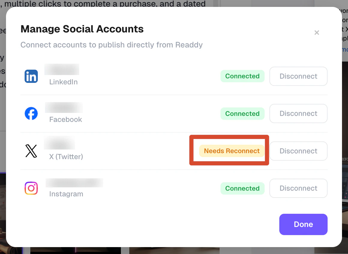Account showing Needs Reconnect status