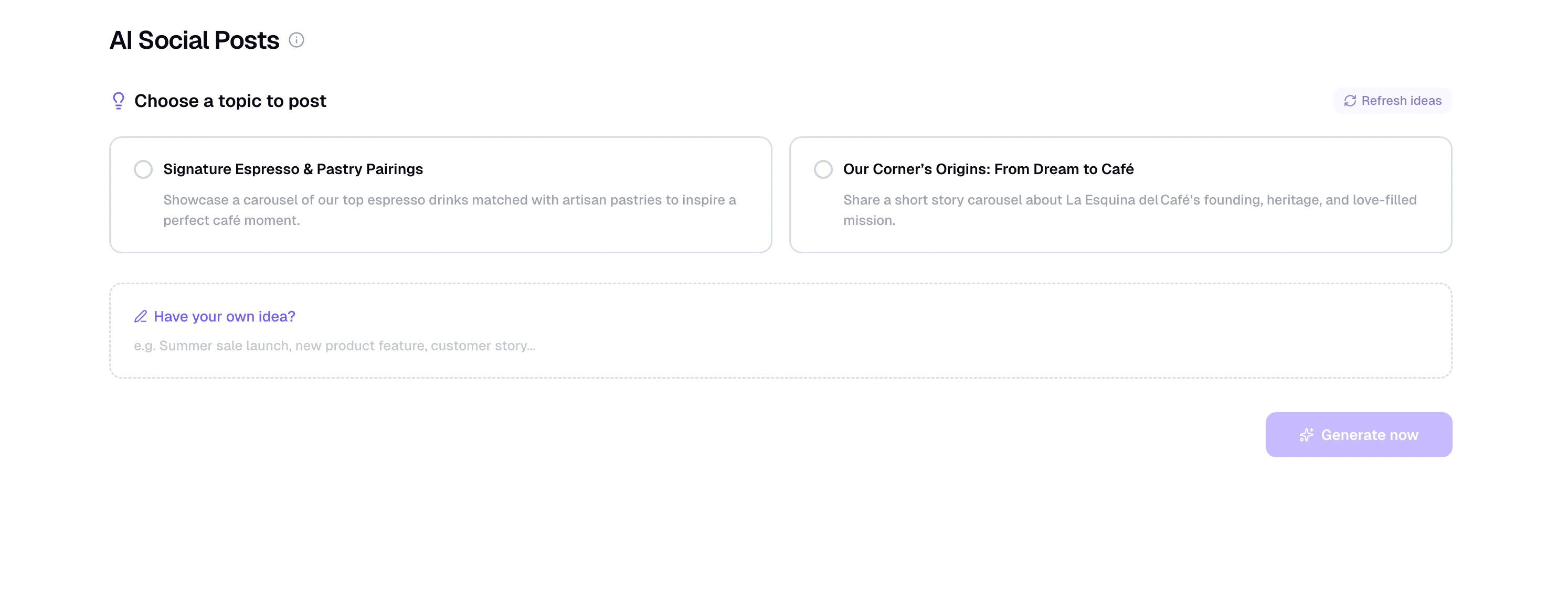Topic selection screen with AI suggestions