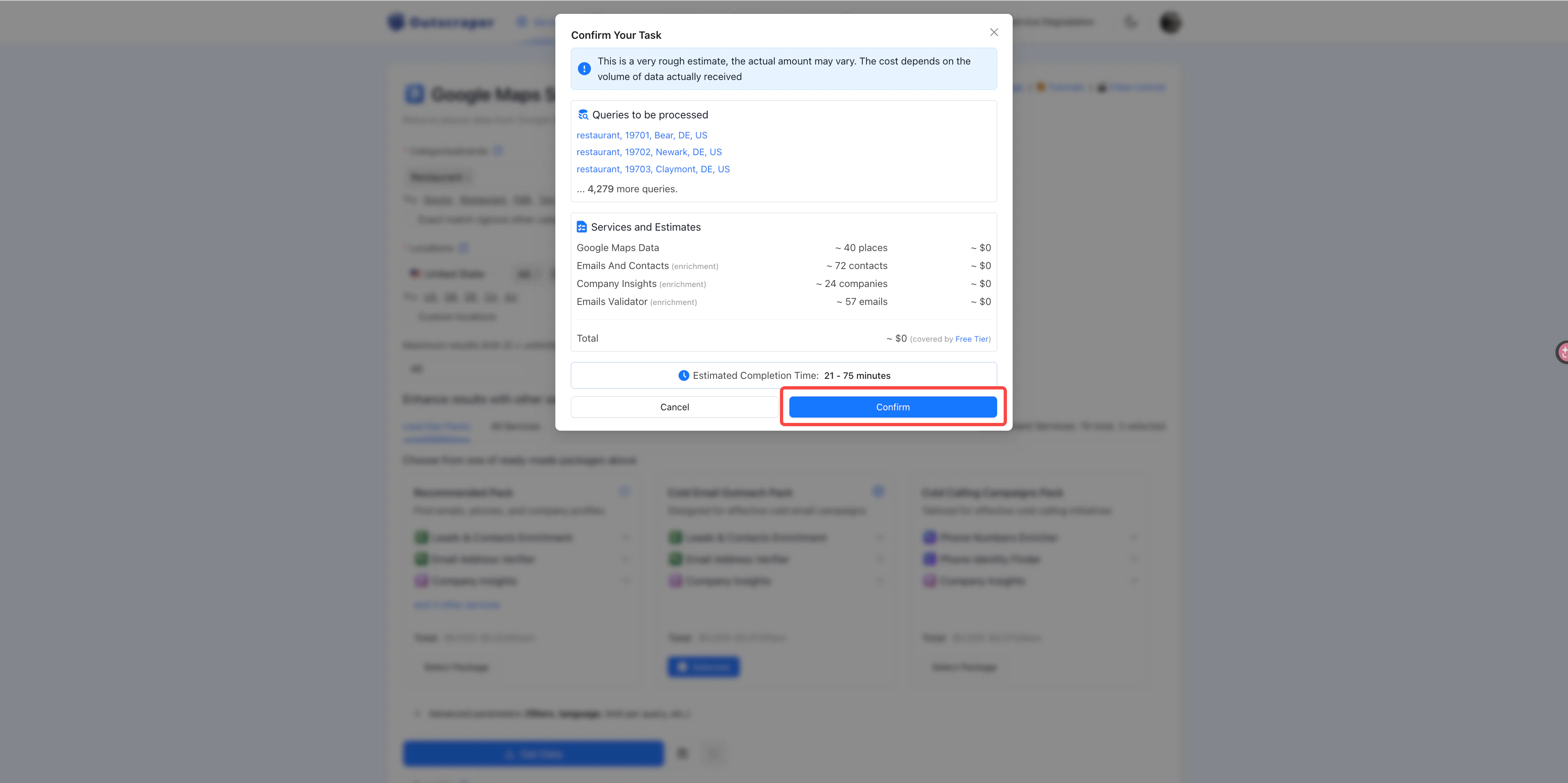 Outscraper confirm task dialog