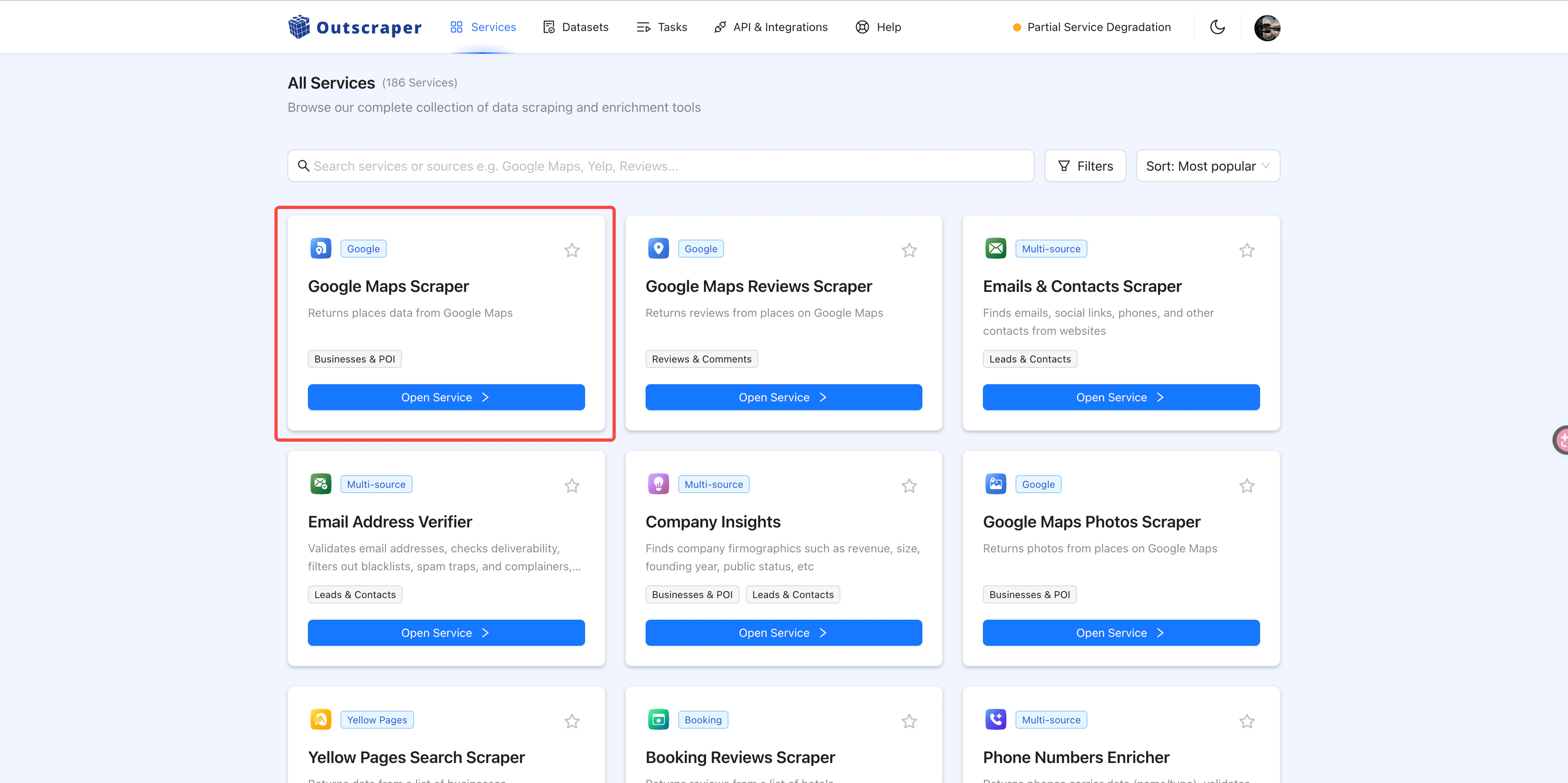 Outscraper All Services page with Google Maps Scraper highlighted