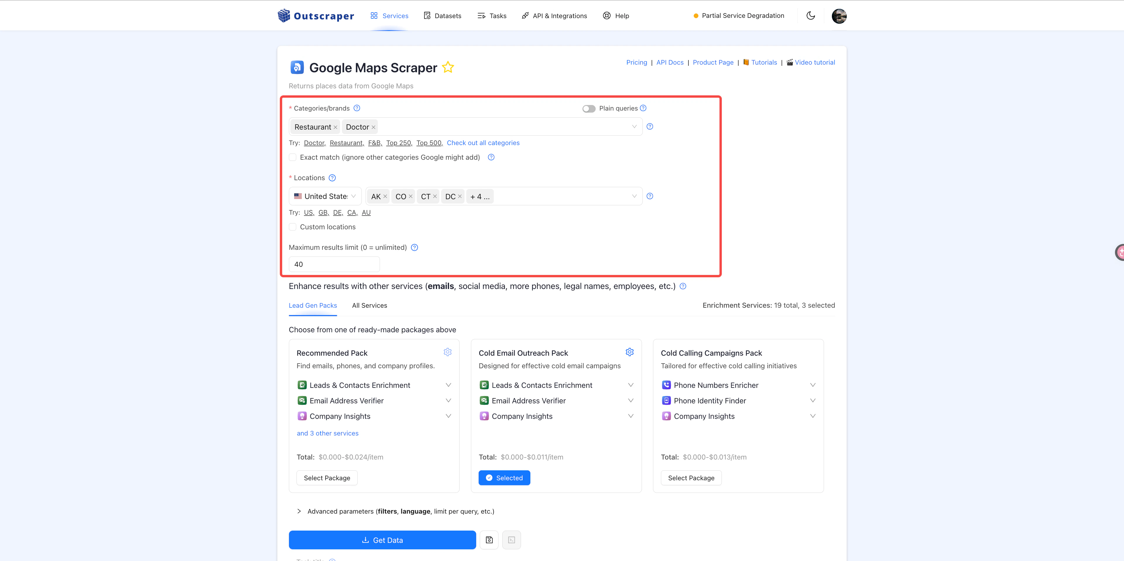 Google Maps Scraper settings for categories, locations, and result limit