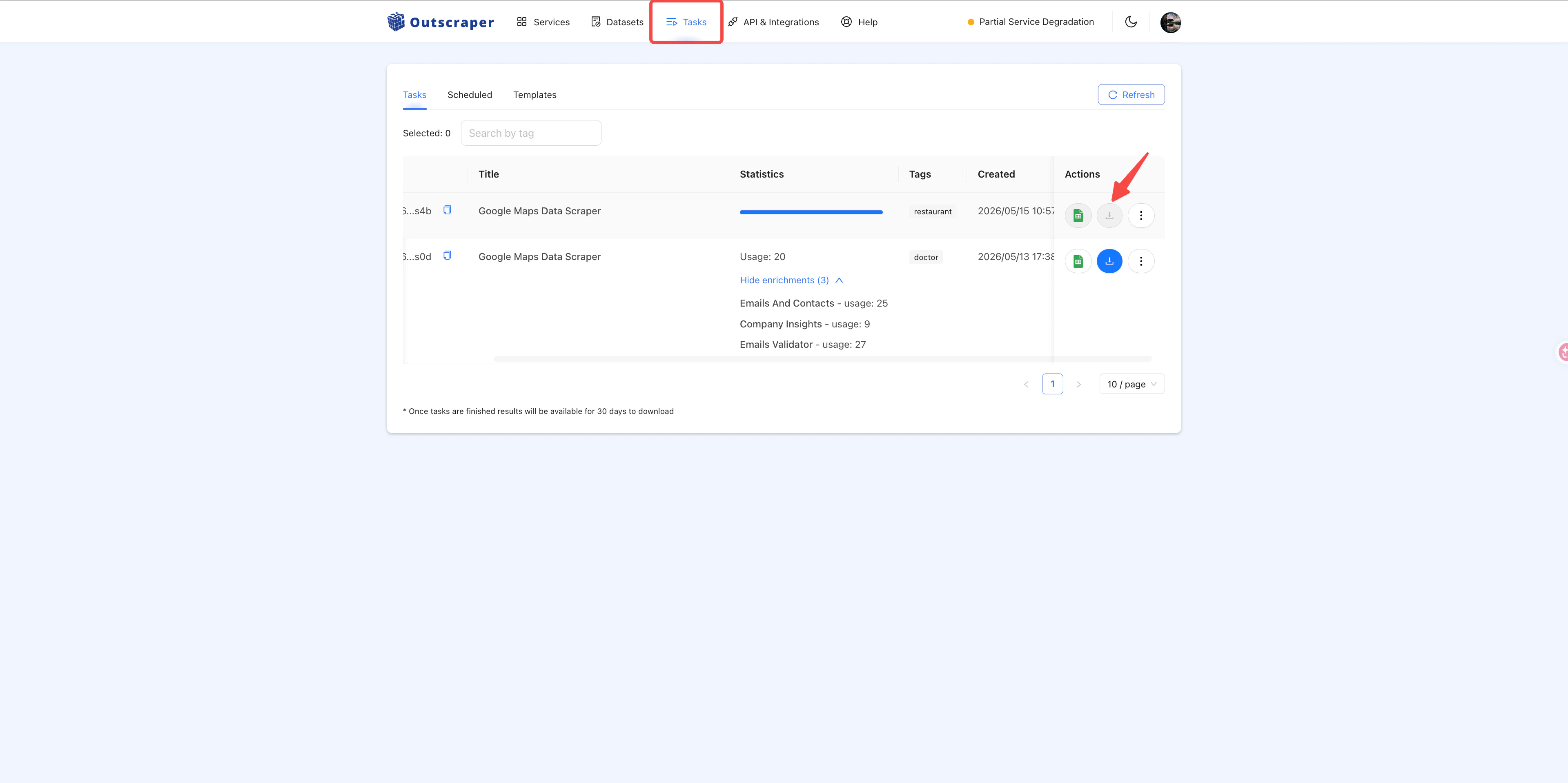 Outscraper Tasks page with the download button highlighted
