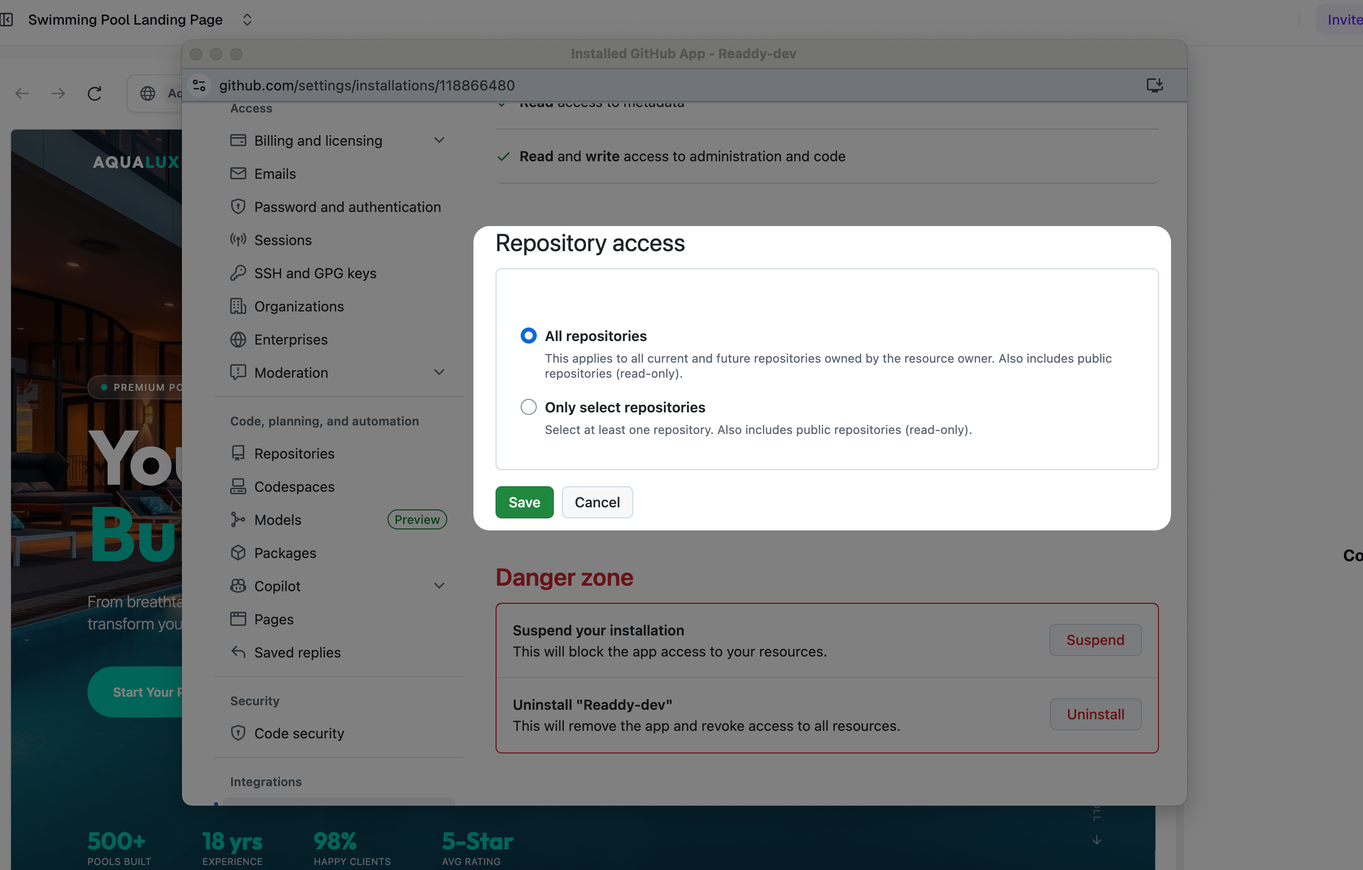 GitHub App settings — toggle Repository access to activate the Save button