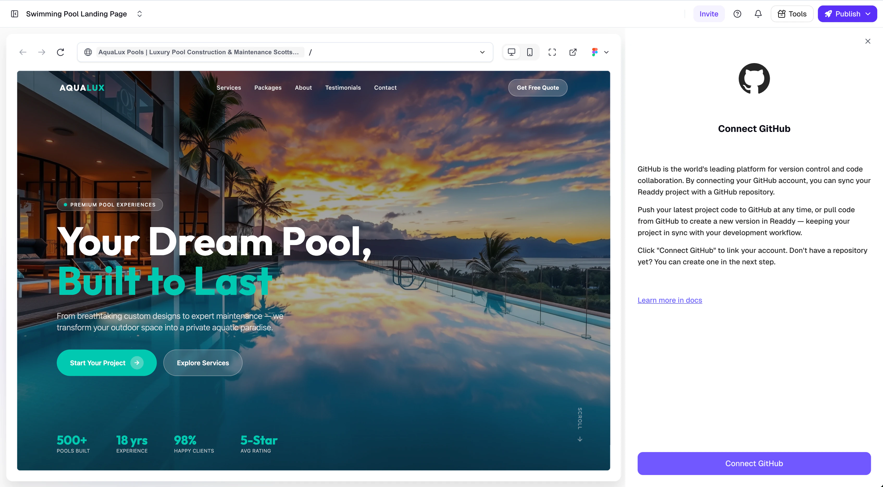 GitHub panel before connection — showing the Connect GitHub button
