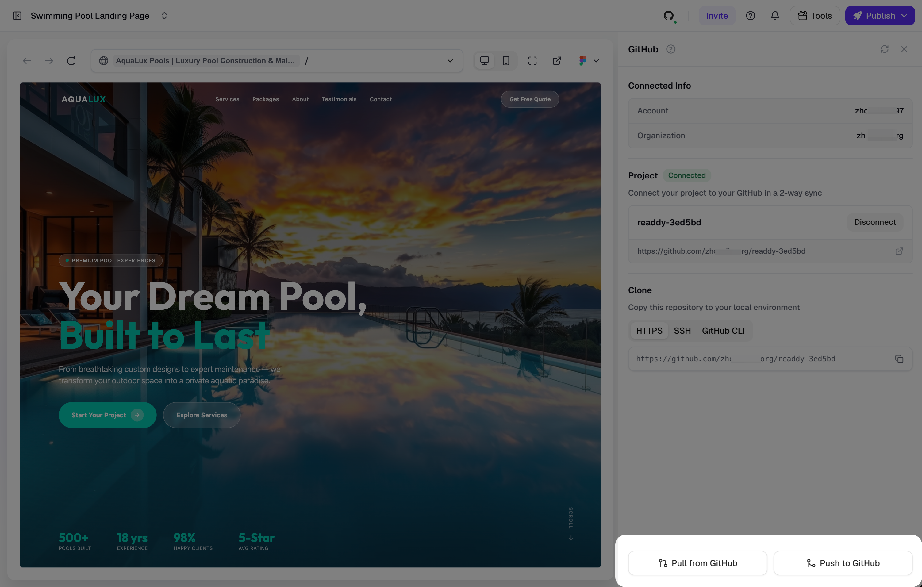 Connected GitHub panel with Push and Pull buttons at the bottom