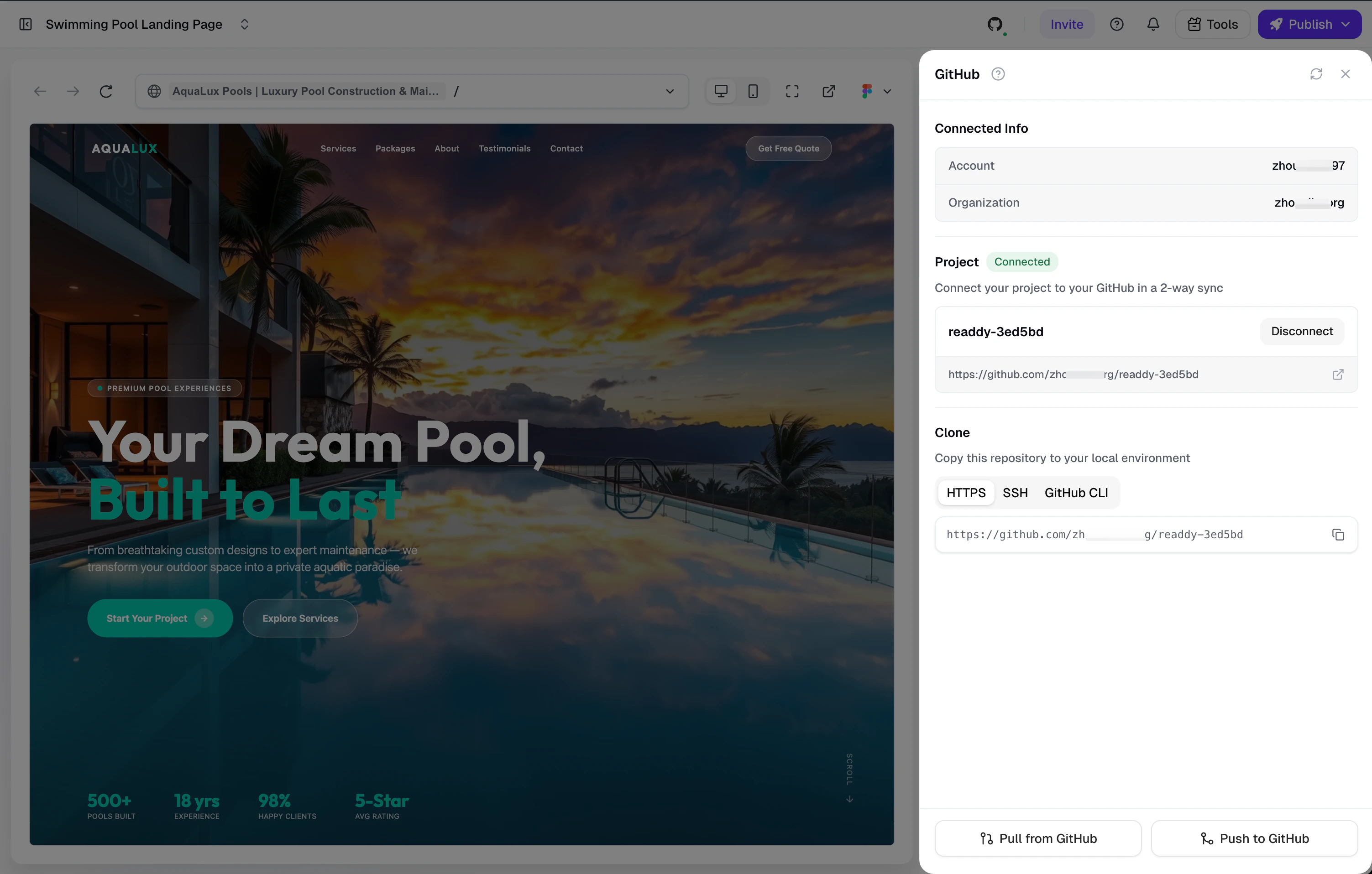 Full connected panel view showing Account, Organization, Repository, and Clone section