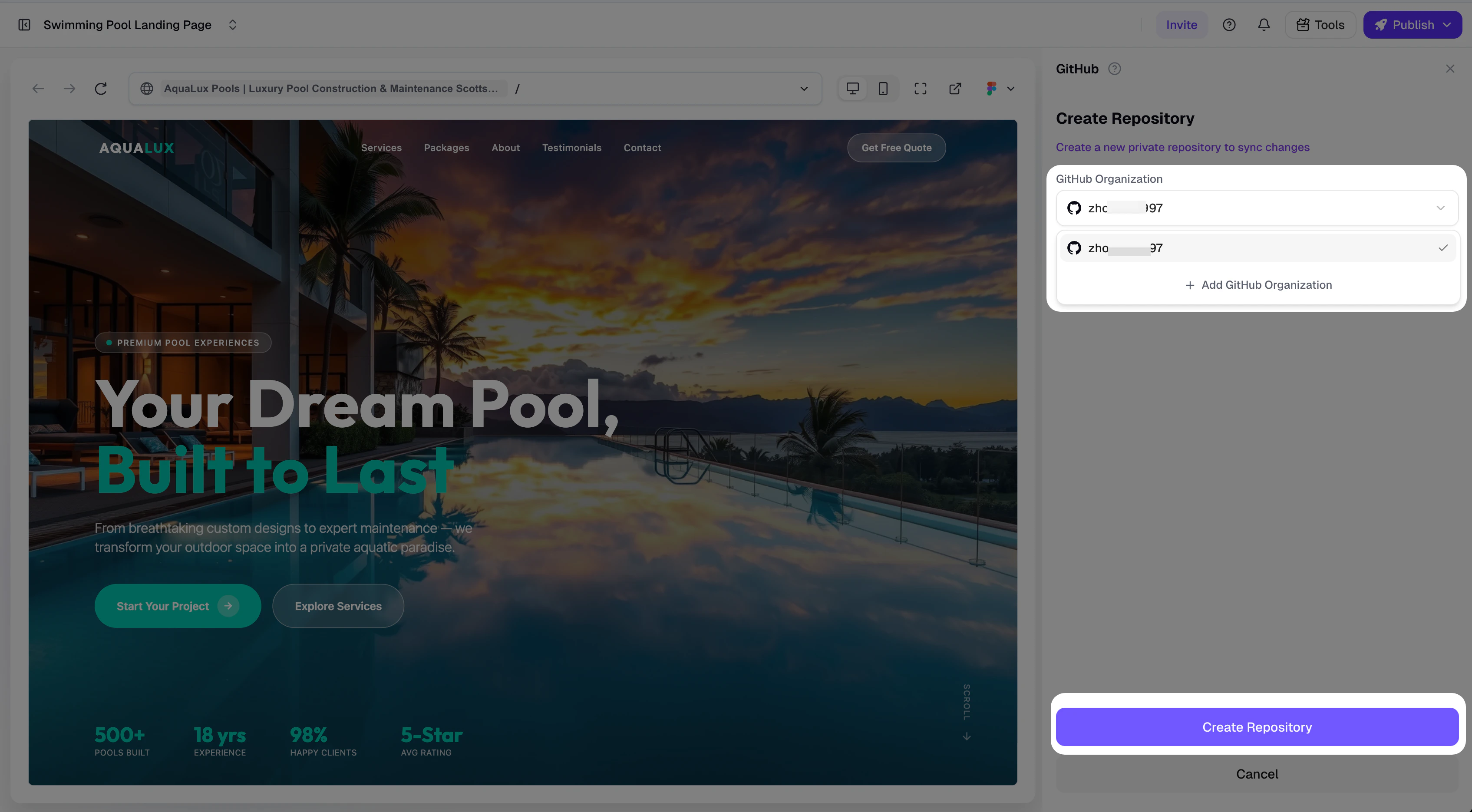 Create Repository panel — select a GitHub Organization and click Create Repository