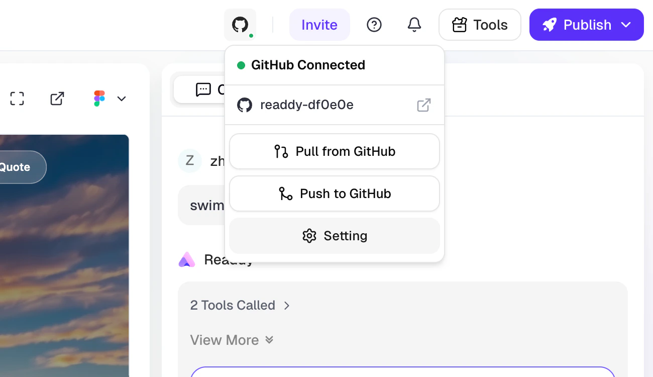 GitHub icon and dropdown menu in the top nav bar