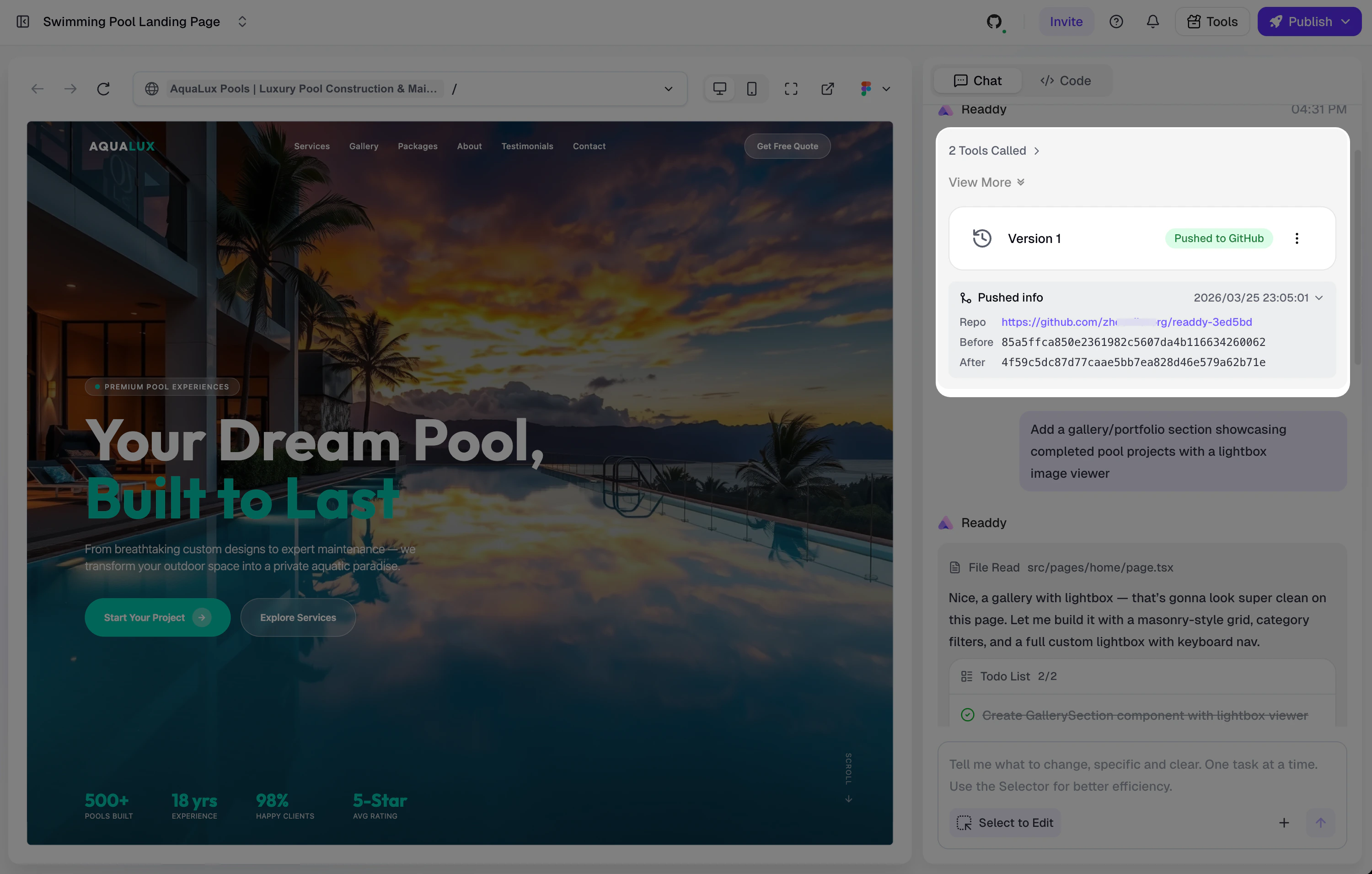 Push completed — success notification with commit details