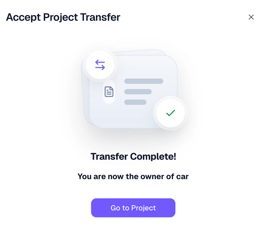 Transfer Complete screen confirming the recipient is now the new owner