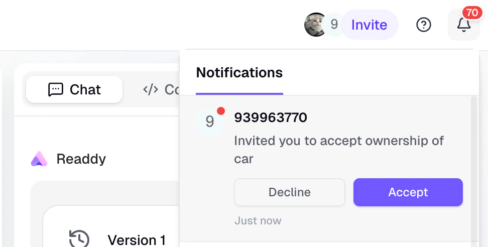 Readdy inbox notification showing a project transfer invite with Accept and Decline buttons