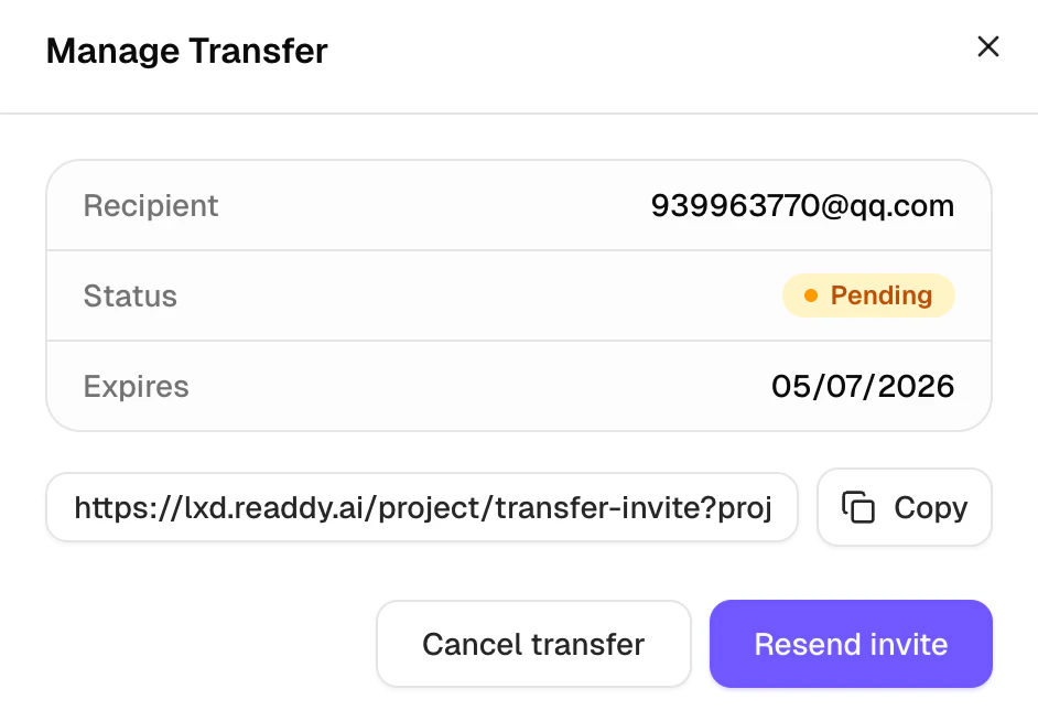 Manage Transfer dialog with recipient, status, expiration, and actions