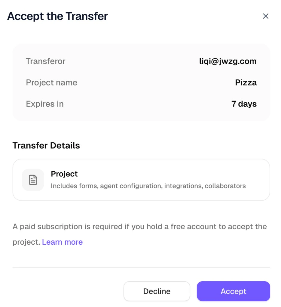 Accept Project Transfer dialog showing transfer details and Accept button