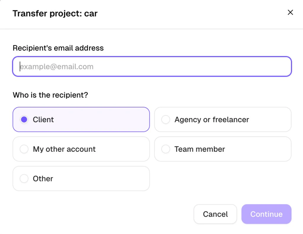 Transfer project dialog with recipient email and role selection
