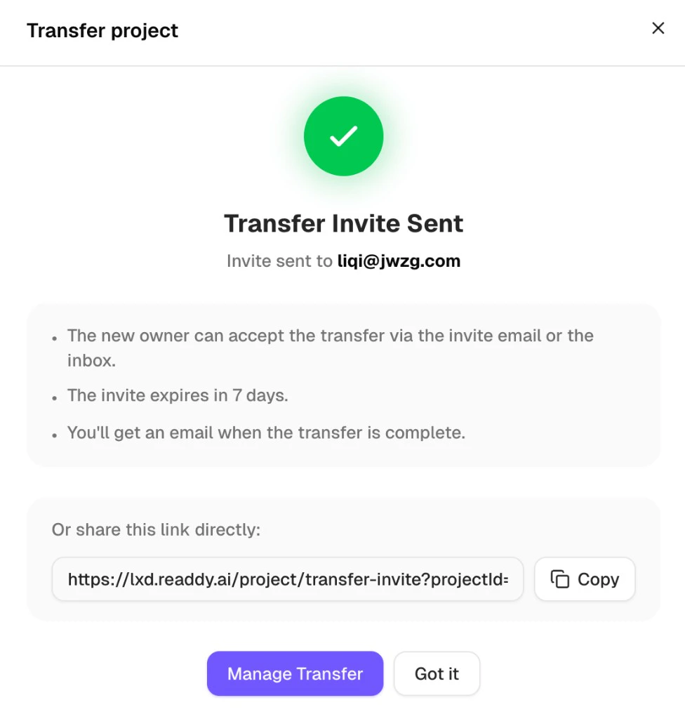 Transfer project success step with invite link and Manage Transfer action