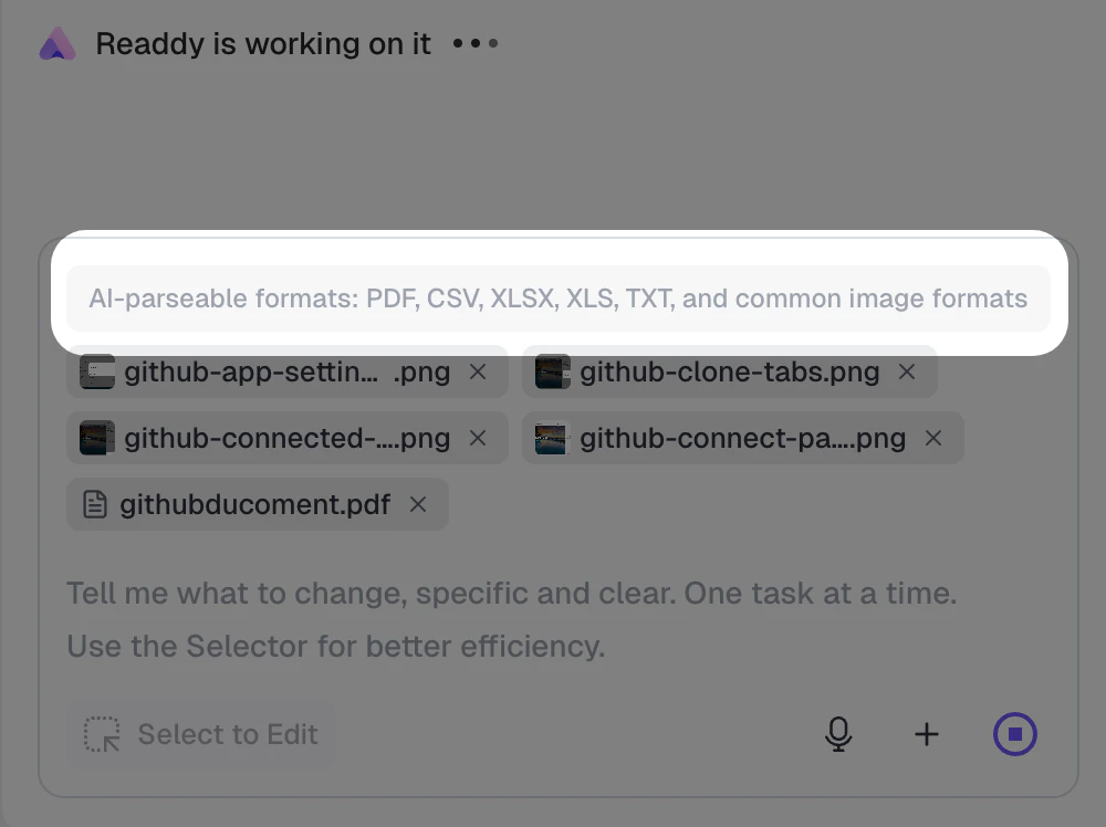 Hint bar below attachments showing parseable format types