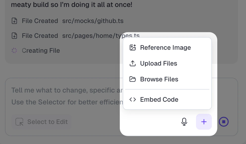 Plus button menu in existing project: Reference Image, Upload Files, Browse Files, and Embed Code