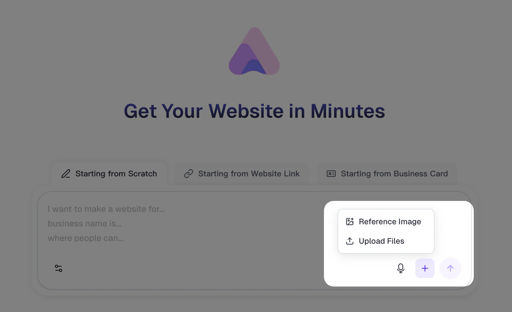 Plus button menu in new project: Reference Image and Upload Files