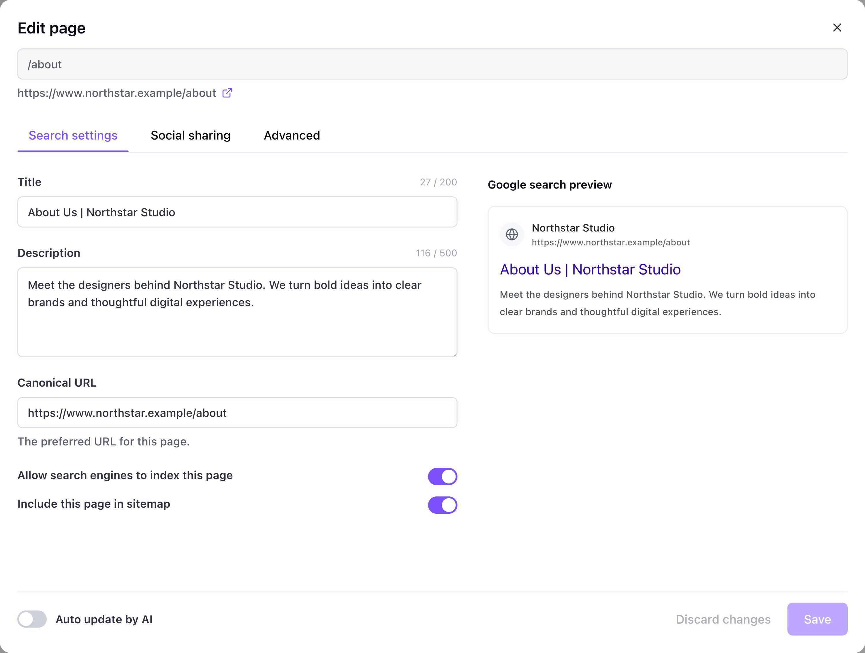 English page editor with search settings, indexing controls, and a Google search preview