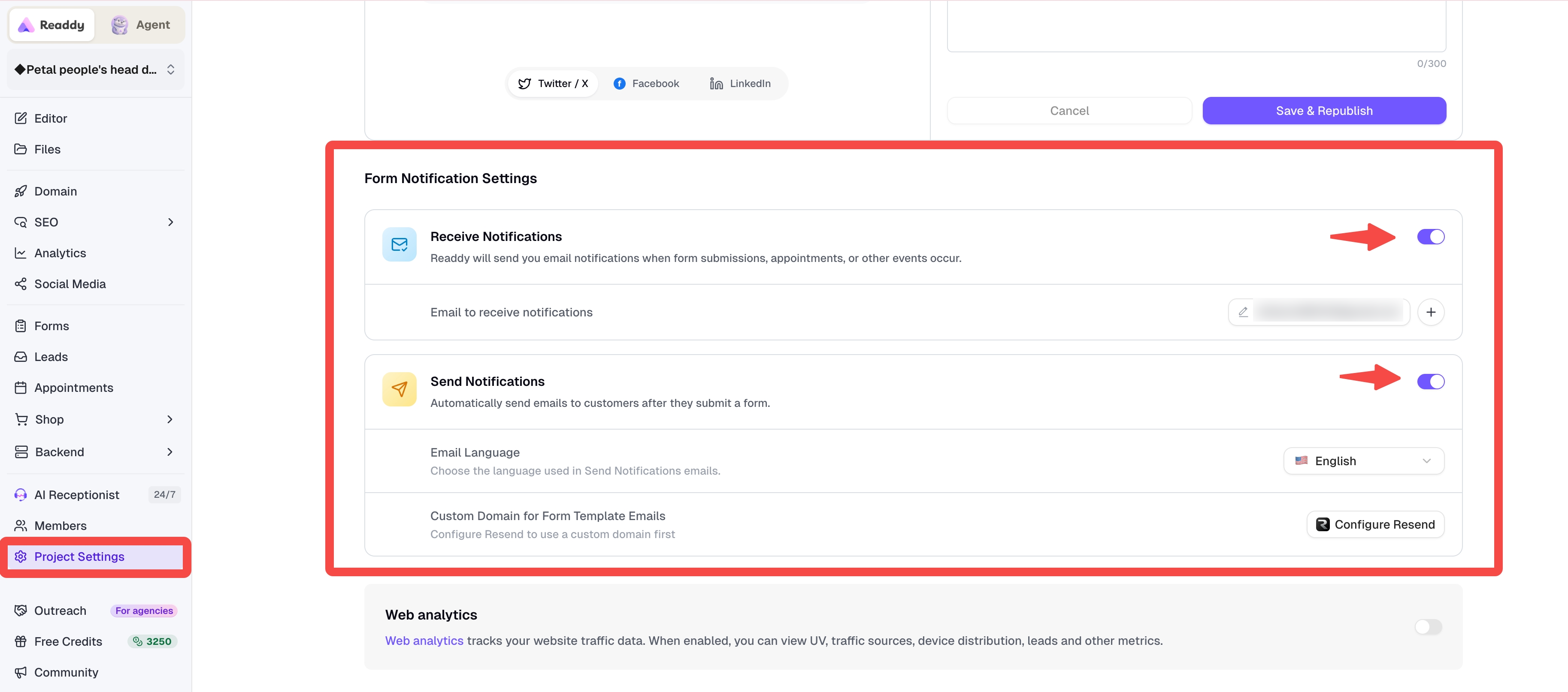 Receive Notifications and Send Notifications settings for a project