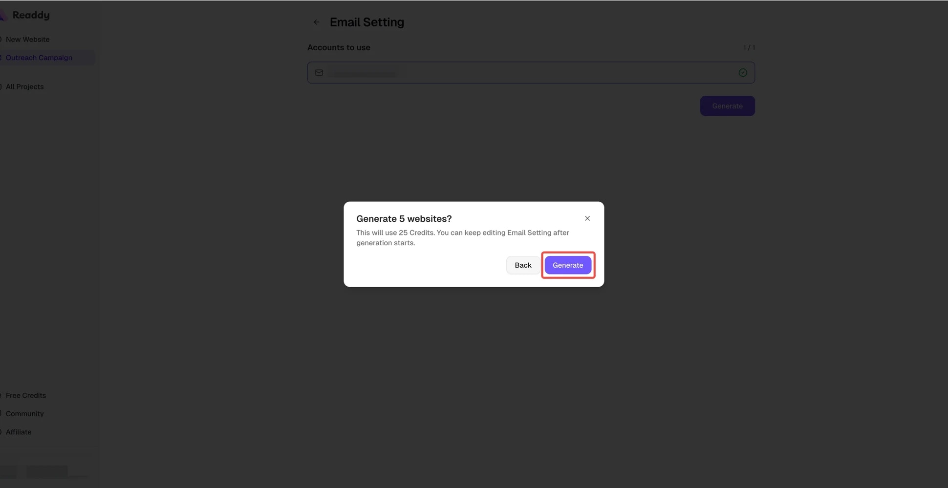 Generate confirmation dialog showing website count and credit usage