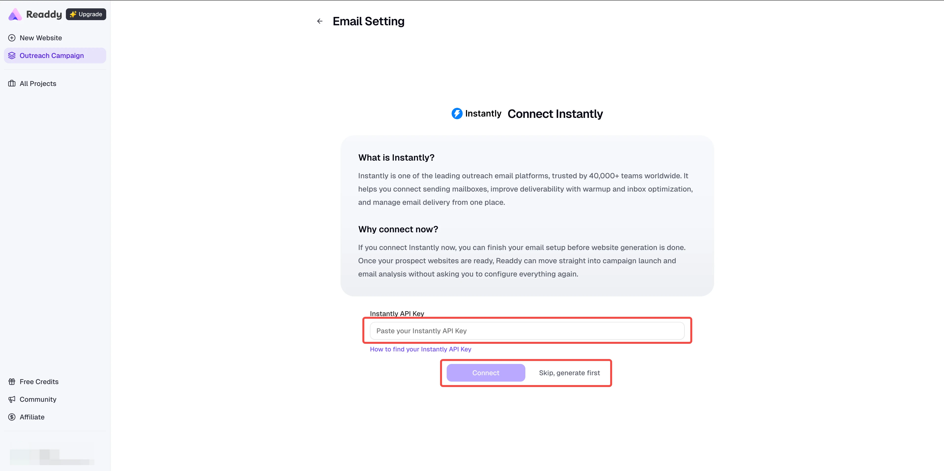 Connect Instantly page in Email Setting