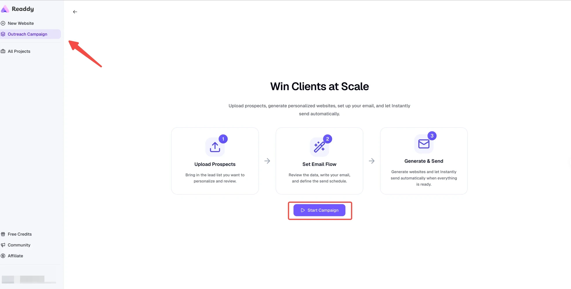 Outreach Campaign landing page with Start Campaign button