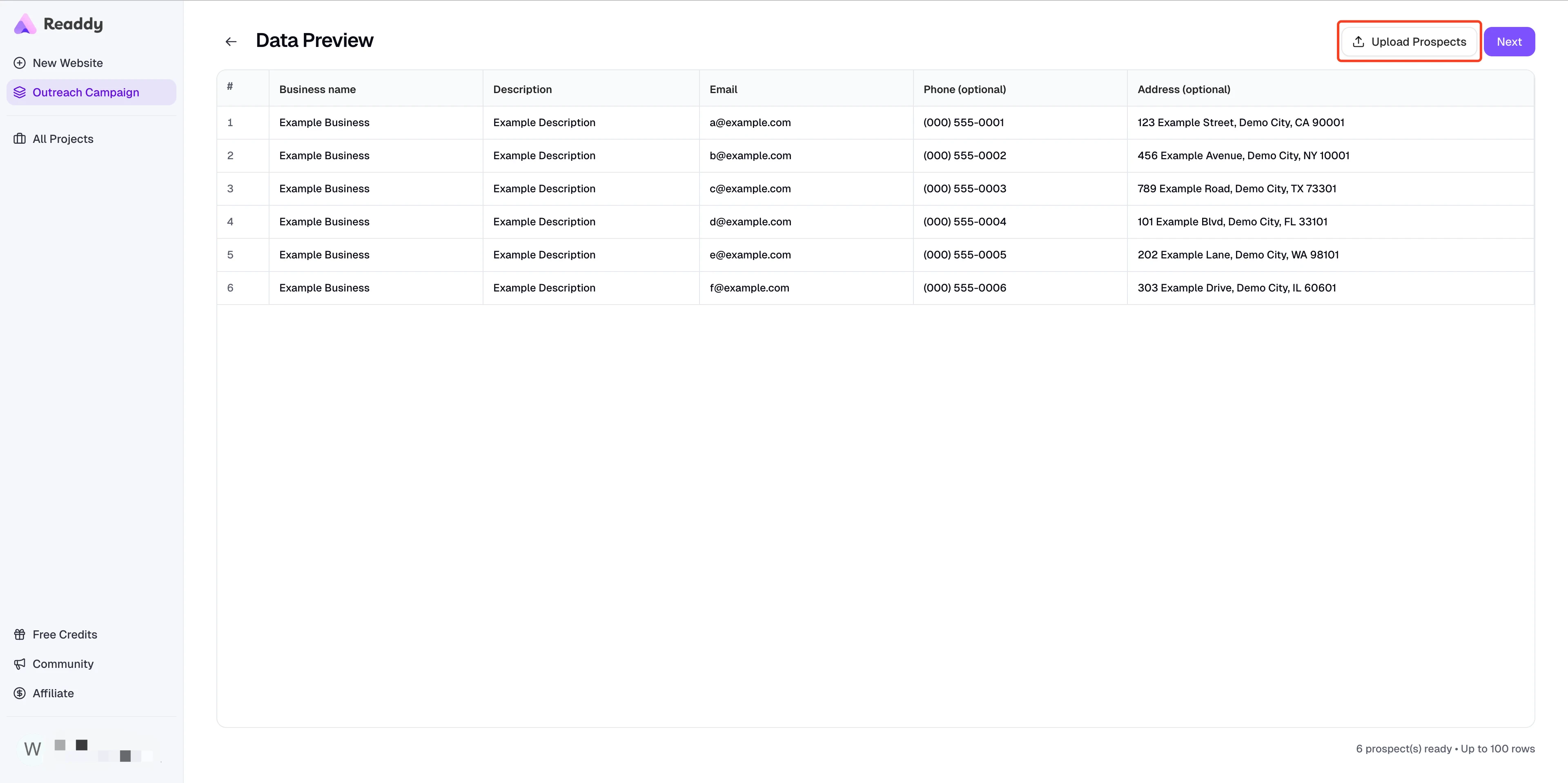 Data Preview page with Upload Prospects button in the top right