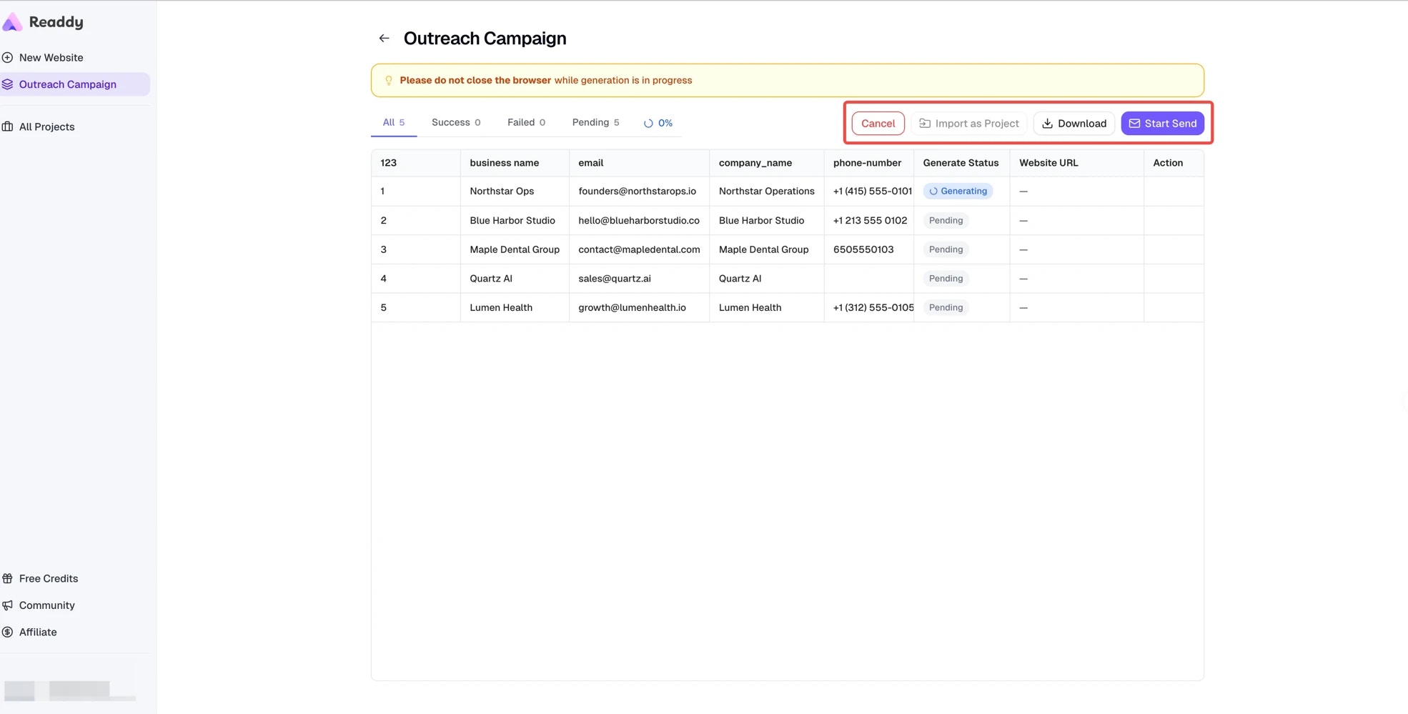 Generation progress page showing row statuses