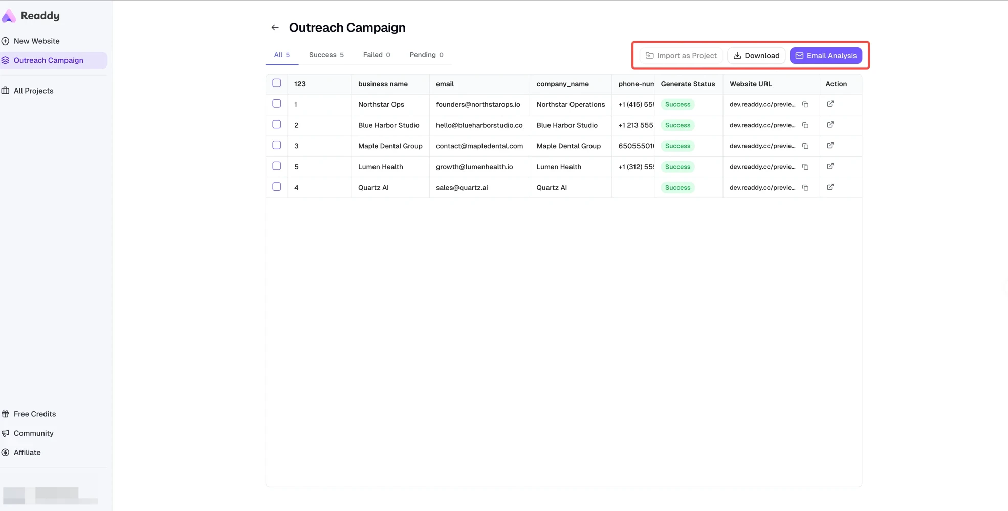 Generation results page with email action and retry options