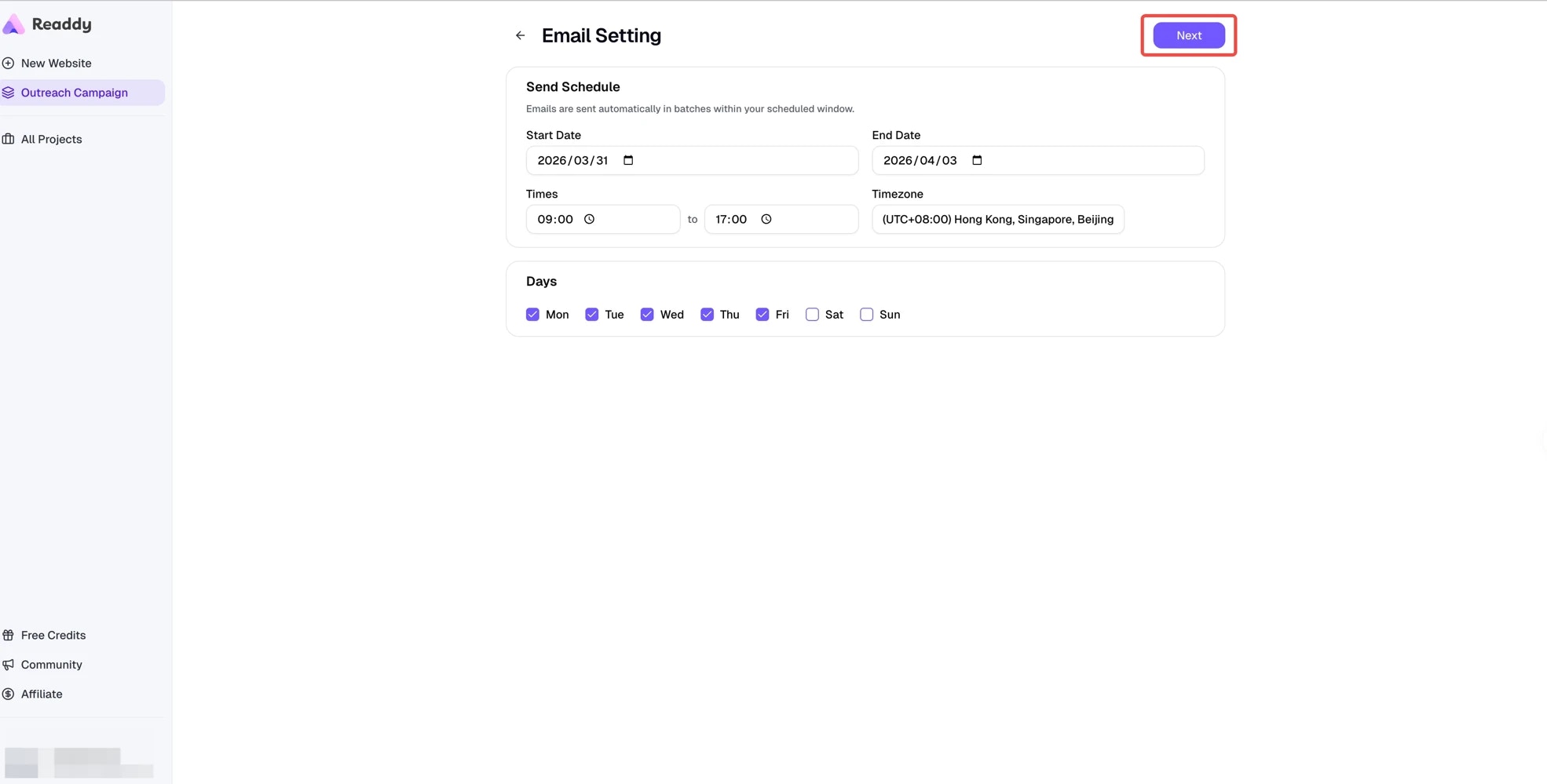 Email sending schedule settings