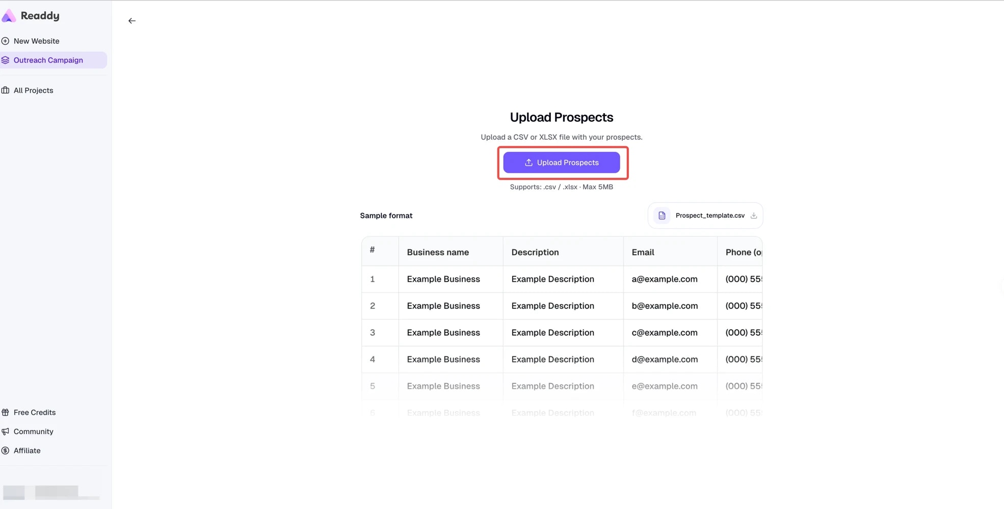 Upload Prospects page with upload button and template preview