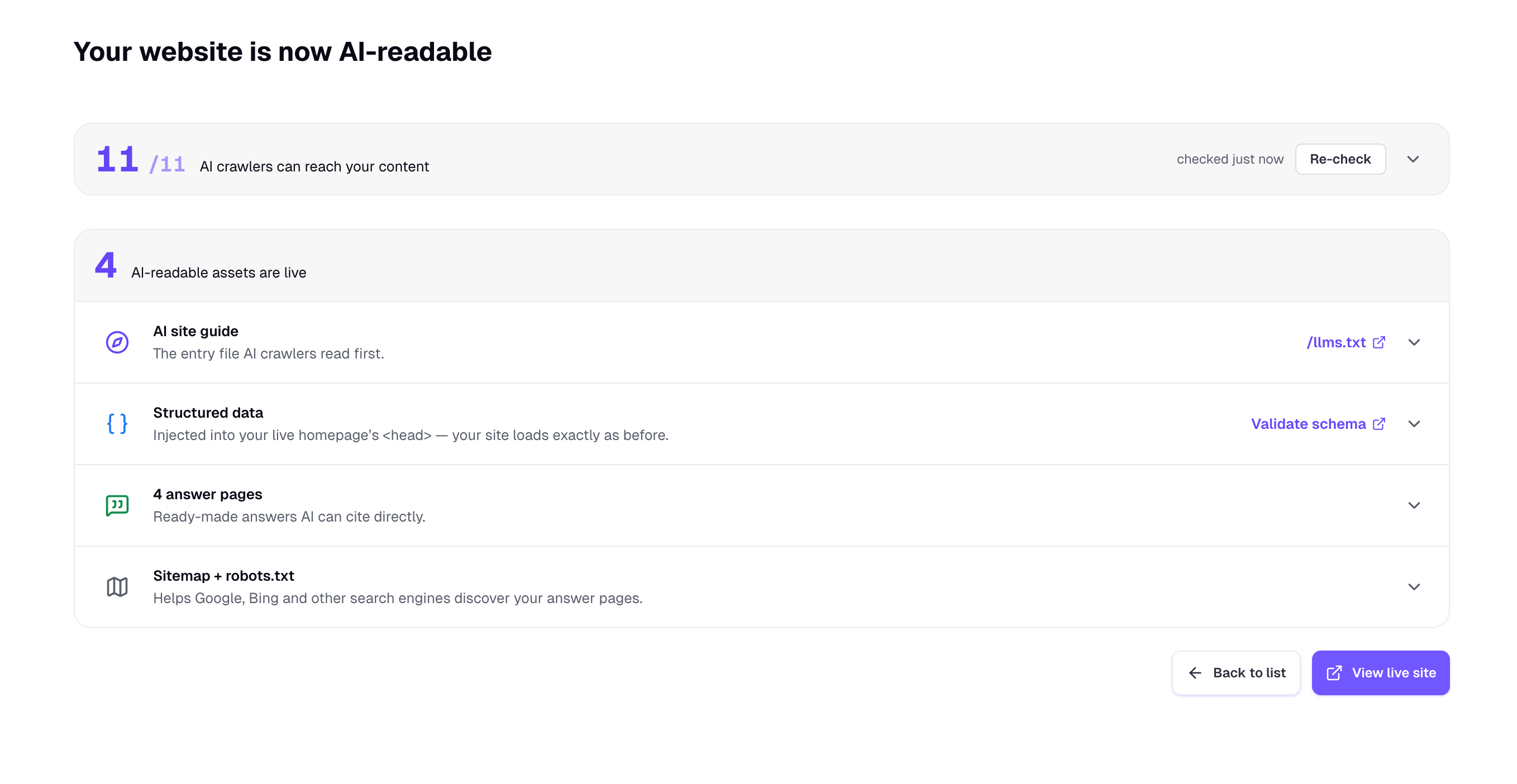 Live AI-readable result with crawler access and published assets