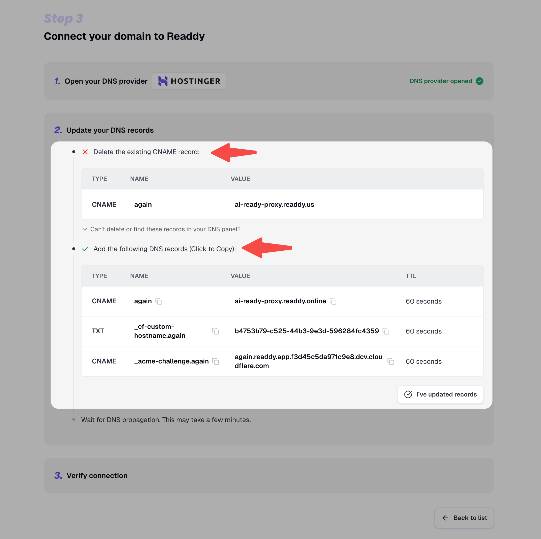 DNS records to remove and add during domain connection