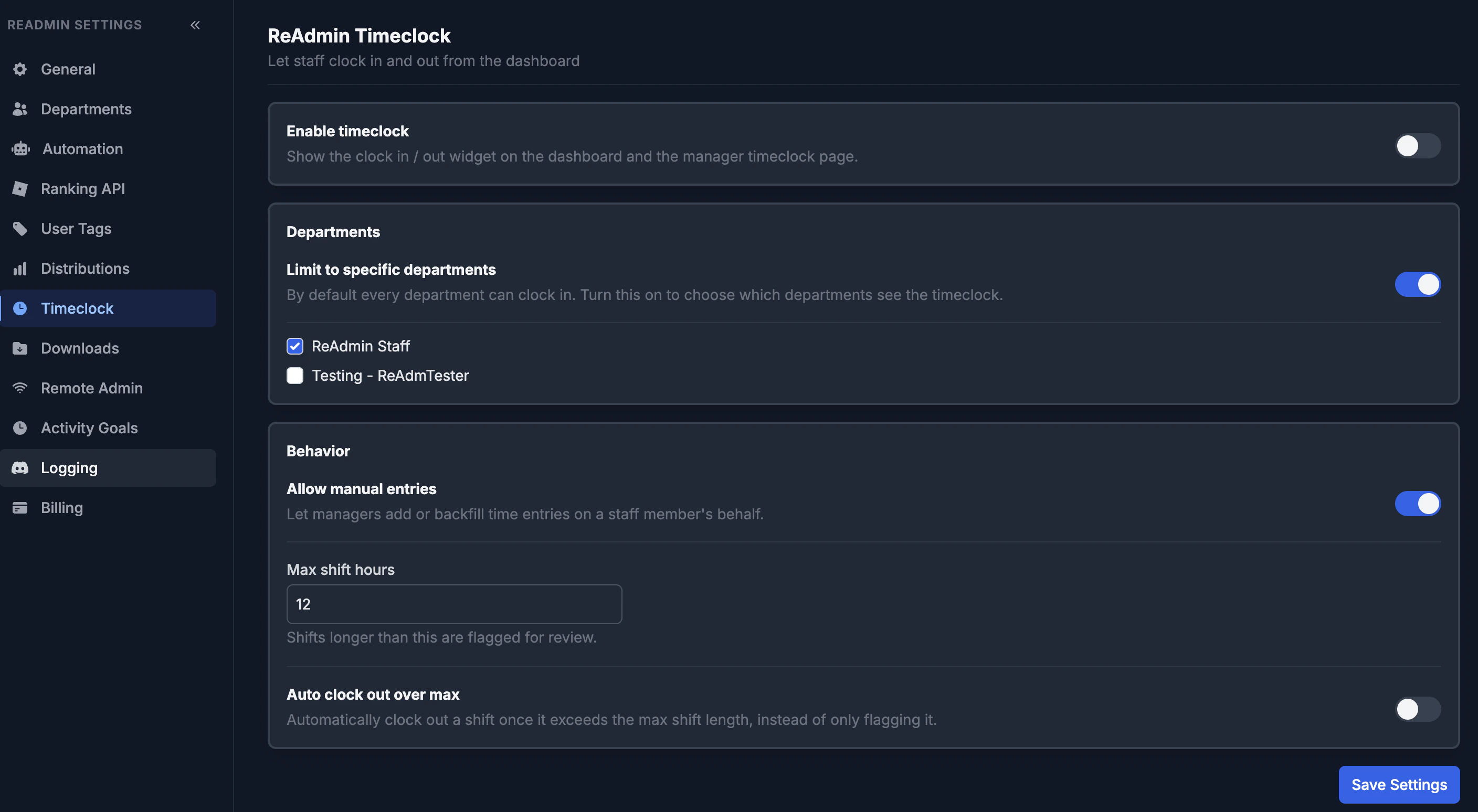 Timeclock settings