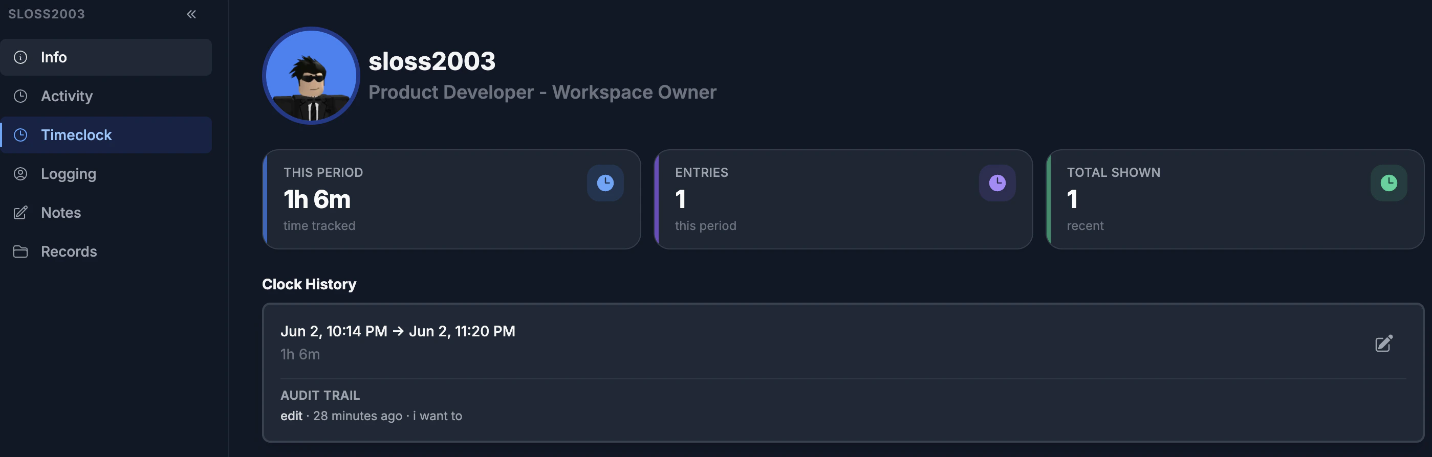 Timeclock on user profile