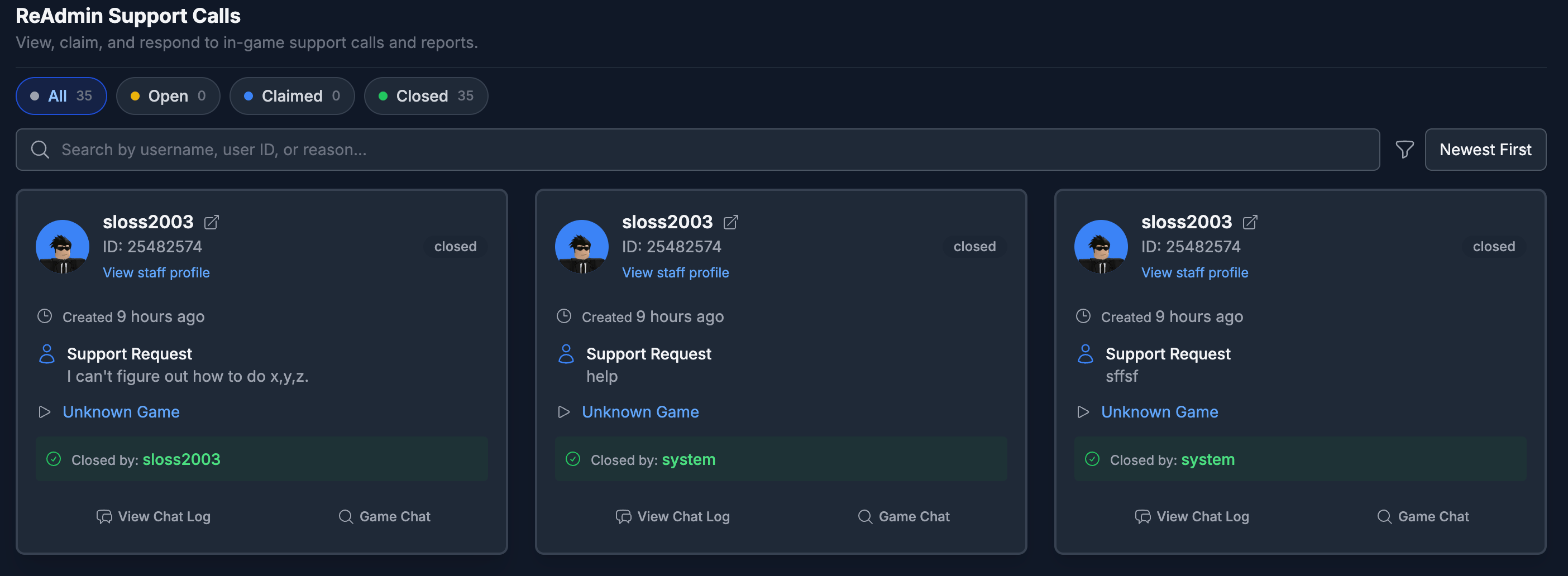 Calls page