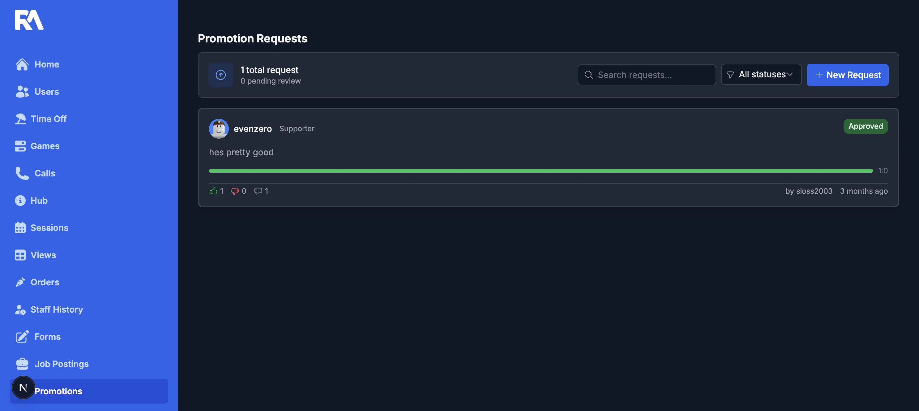 Promotion requests page
