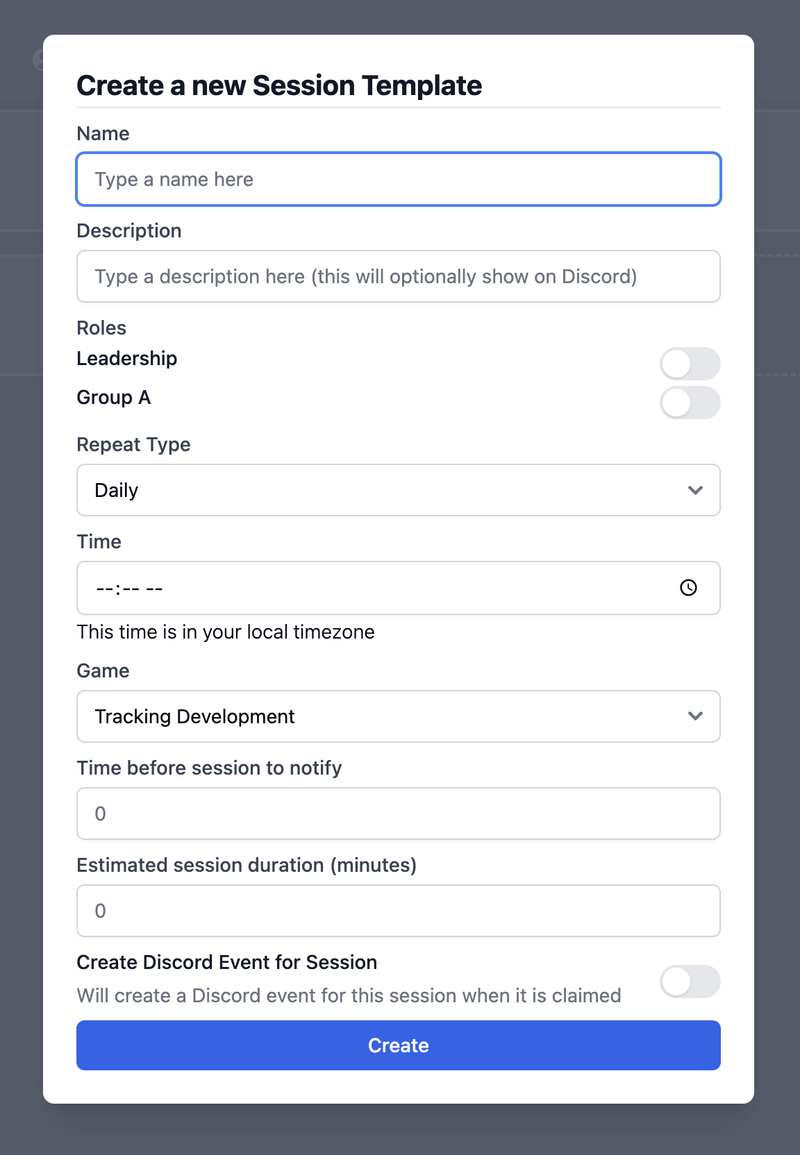 Session Create Template
