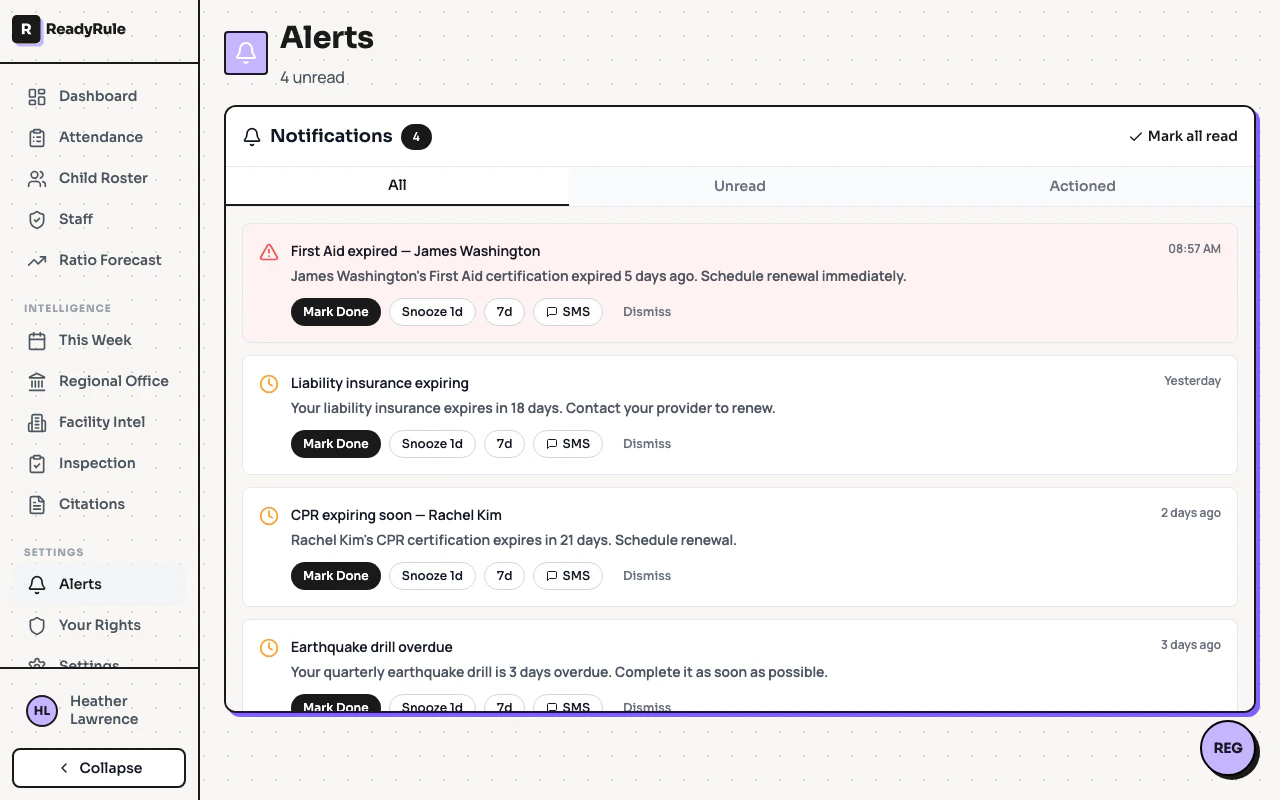 Alerts page showing grouped notifications