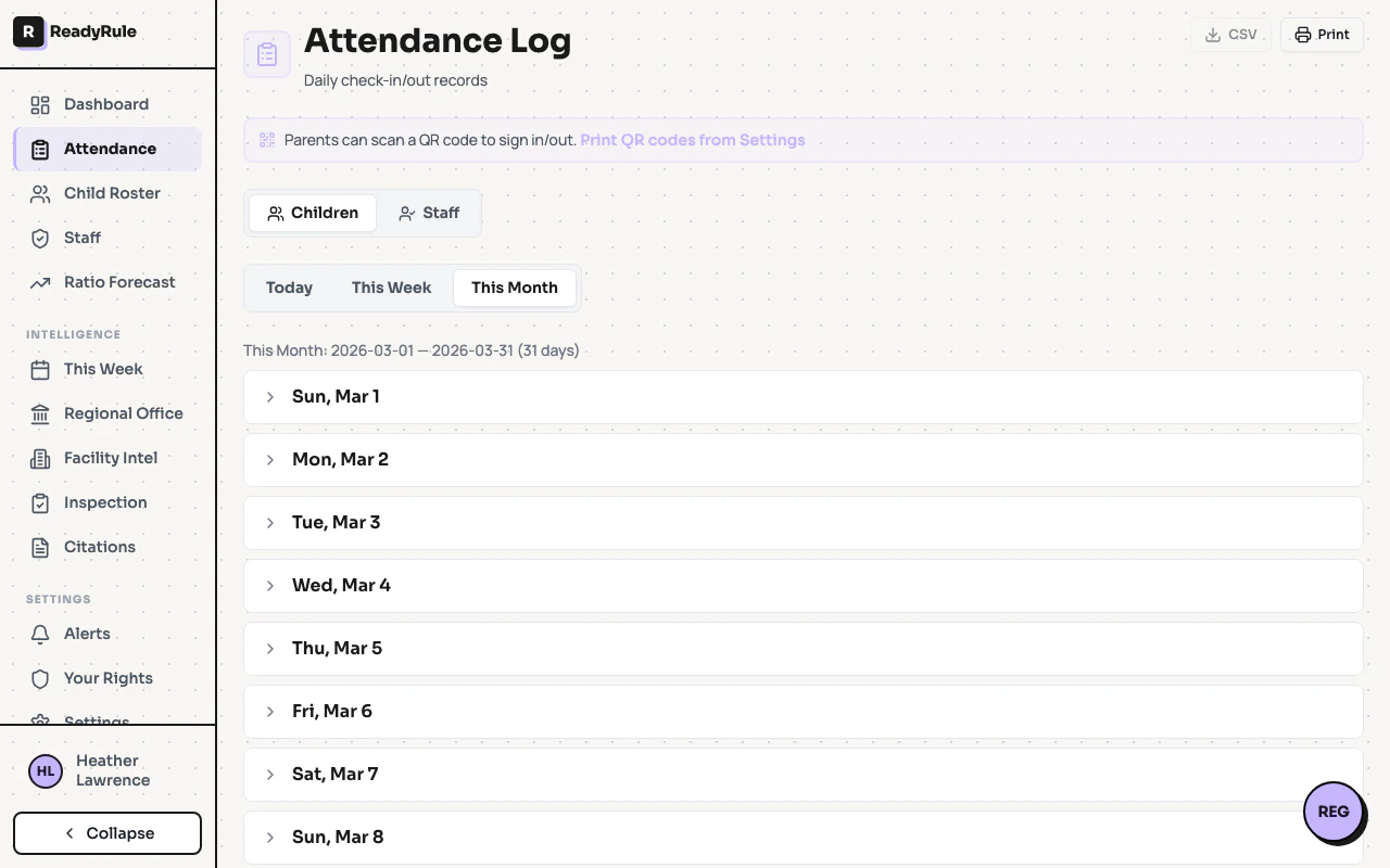 Attendance export page with date range and record type selectors