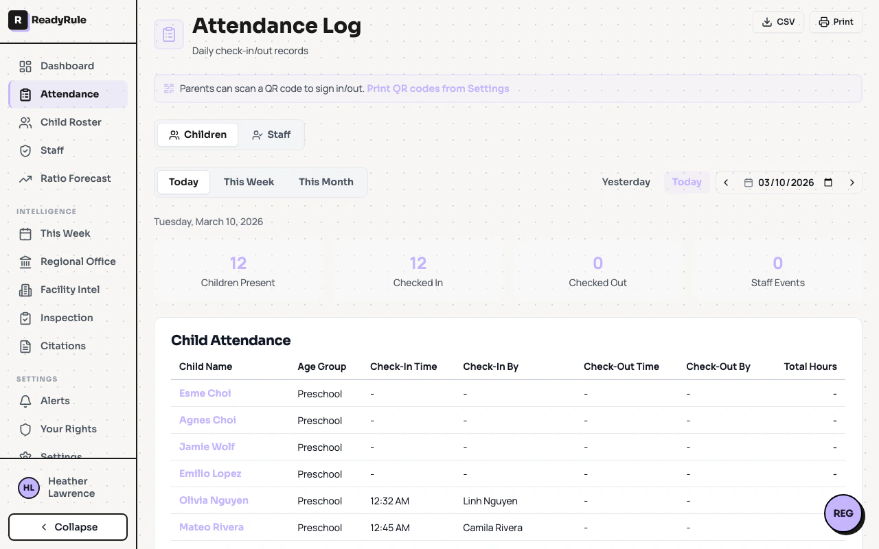 Attendance log with date navigation
