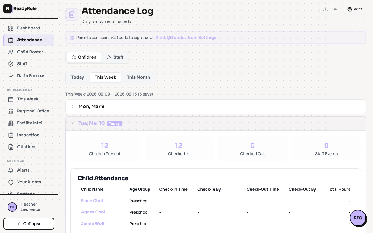 Attendance reports page showing report type selector and daily report view