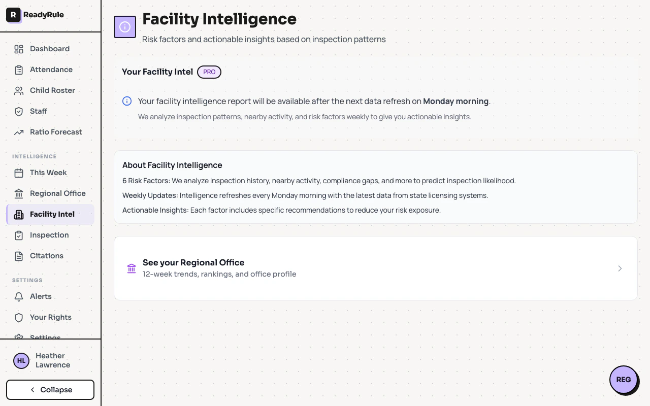 Facility intelligence page showing risk factors table